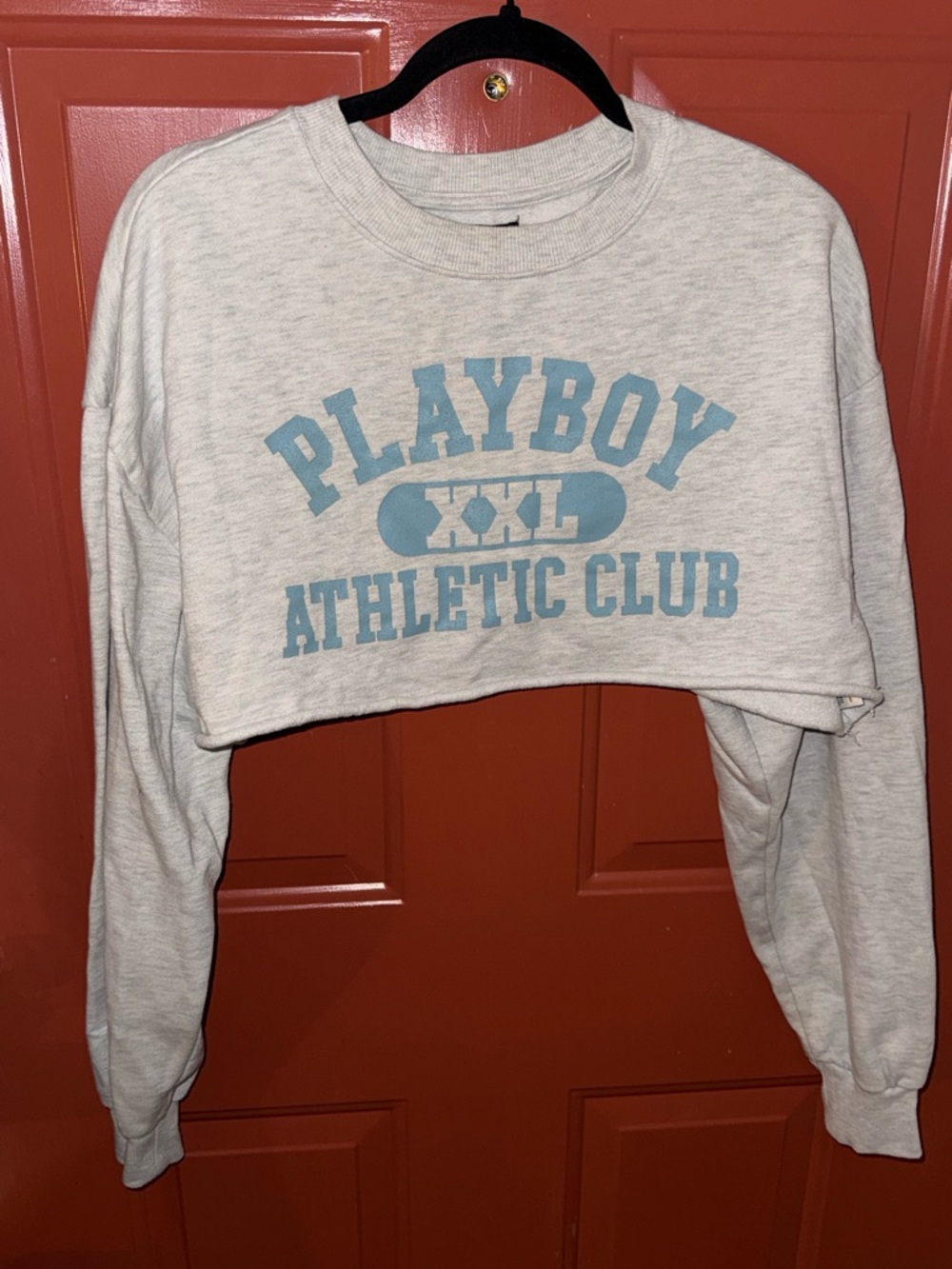 PLAYBOY Athletic Club Cropped Sweatshirt Gray with Powder Blue Logo small